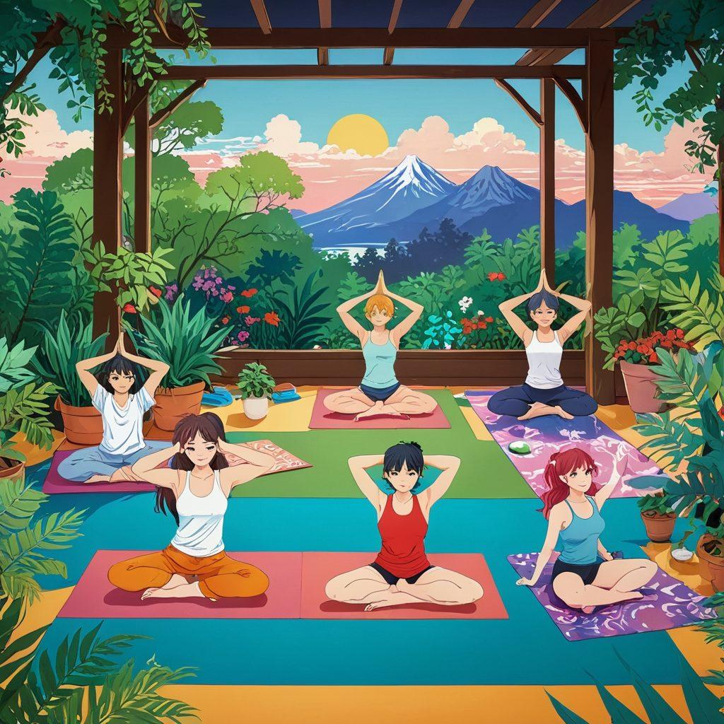 A vibrant and whimsical illustration depicting a fusion of anime characters in a playful and adult-themed environment, showcasing elements of Hentaid culture such as bright colors, dynamic poses, and nuanced expressions. The scene blends fantasy with wellness concepts, featuring yoga mats, soothing elements, and anime-inspired decor. The background hints at a serene landscape, enhancing the sense of relaxation and exploration. Include stylized, vibrant colors and an energetic composition. vector art. vibrant colors. 