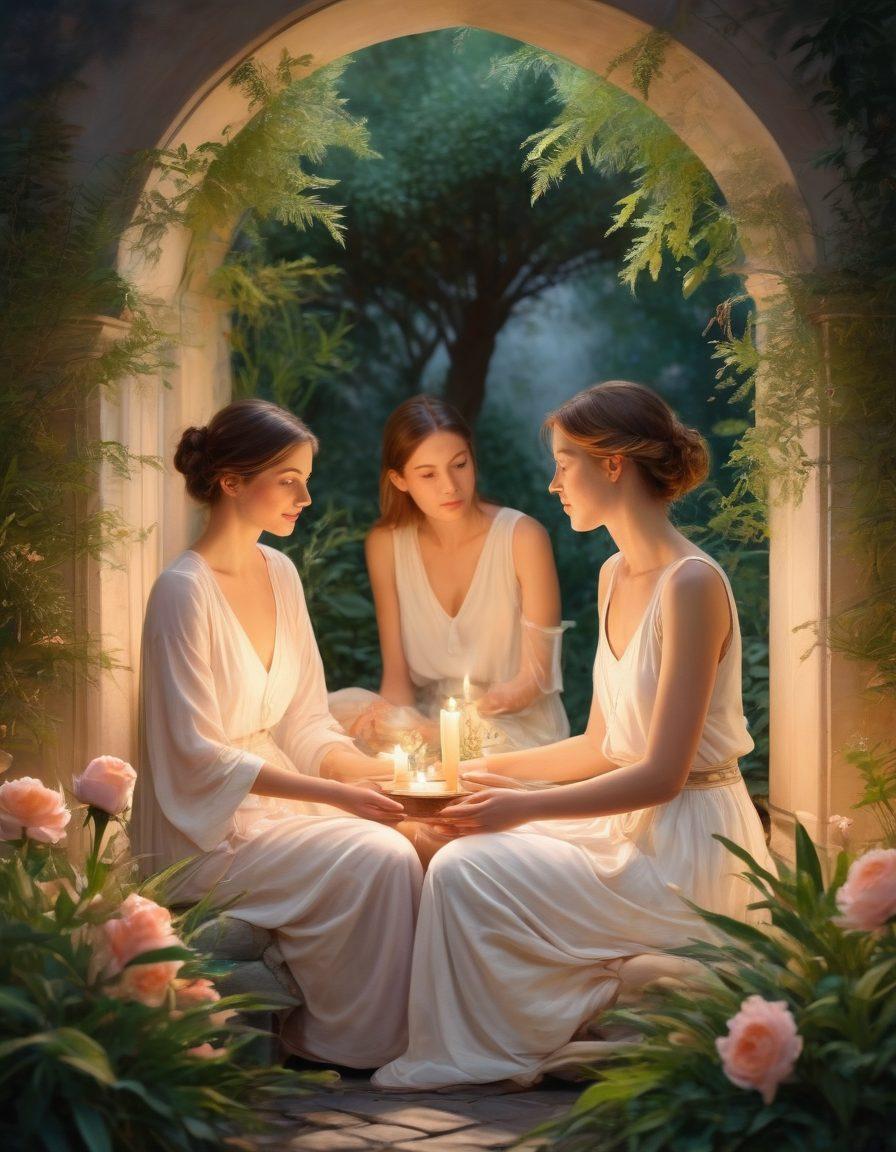 A beautifully illustrated scene depicting two partners engaging in a deep, meaningful conversation surrounded by soft, glowing candles and natural elements like plants and flowers. Incorporate subtle nods to Hentaid culture, including traditional patterns and symbols woven into the background. The atmosphere should exude warmth, trust, and intimacy, showcasing a blend of emotional connections and sensuality. Soft, warm color palette. watercolor art. gentle lighting.