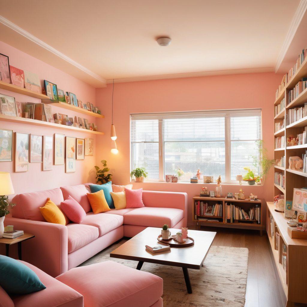A vibrant illustration depicting a cozy, modern living room filled with manga books, anime posters, and plush toys. In the center, a diverse group of adults engaging in a lively discussion, animated expressions on their faces, surrounded by coffee mugs and snacks. Soft lighting casts a warm atmosphere, while hints of anime character silhouettes dance on the walls. Incorporate subtle elements representing relationships and community, with a color palette of pastel hues. vibrant colors. super-realistic.